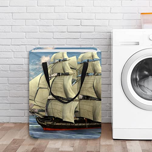 Sailing Shits in Ocean Print Collapsible Laundry Hamper, 60L Waterproof Laundry Baskets Washing Bin Clothes Toys Storage for Dorm Bathroom Bedroom