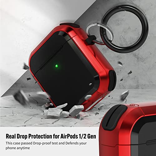 Jiunai for AirPods Case AirPods 2 Case with Keychain Protective Shockproof Full Body Armor Thick Wireless Charge Supported Cool Case with Carabiner for AirPods 1st & 2nd Gen LED Visible Black Red