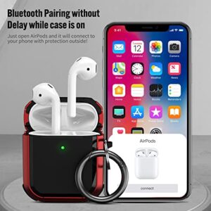 Jiunai for AirPods Case AirPods 2 Case with Keychain Protective Shockproof Full Body Armor Thick Wireless Charge Supported Cool Case with Carabiner for AirPods 1st & 2nd Gen LED Visible Black Red