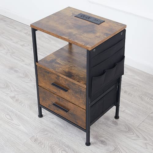 Vabches End Table with Charging Station, Nightstand with USB Port, Outlet and Fabric Bag, 2 Drawers & Open Storage Shelf Side Table, Sofa Cabinet for Living Room, Bedroom, Office