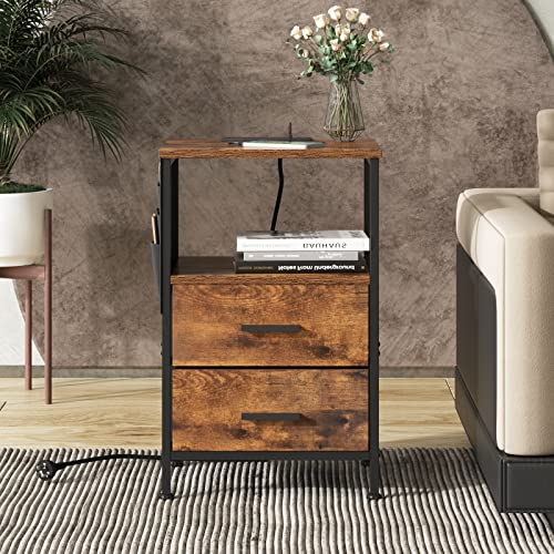 Vabches End Table with Charging Station, Nightstand with USB Port, Outlet and Fabric Bag, 2 Drawers & Open Storage Shelf Side Table, Sofa Cabinet for Living Room, Bedroom, Office