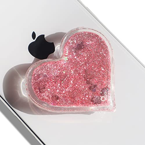 GRIPONG Cute Heart Shape Quicksand Glitter Expandable Collapsible Mobile Phone Grip Stand Holder for Smartphone Tablet Cell Phone Accessory (Pink Sparkle Quicksand)