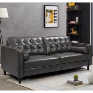 Dvasovio 84" Leather Sofa, Light Luxury Style European Apartment Sofa for Home Tufted Leather Sofa High Elastic Foam Simple Modern 3 Seater Sofas, Dark Grey