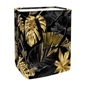 glod color leave print collapsible laundry hamper, 60l waterproof laundry baskets washing bin clothes toys storage for dorm bathroom bedroom