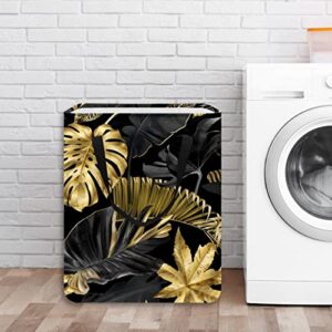 Glod Color Leave Print Collapsible Laundry Hamper, 60L Waterproof Laundry Baskets Washing Bin Clothes Toys Storage for Dorm Bathroom Bedroom