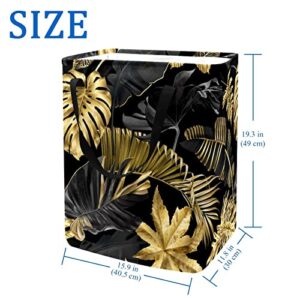 Glod Color Leave Print Collapsible Laundry Hamper, 60L Waterproof Laundry Baskets Washing Bin Clothes Toys Storage for Dorm Bathroom Bedroom