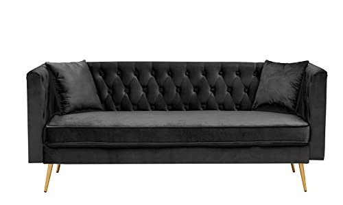 EMKK Small Velvet 2-Seater Couch with Pillows, Loveseat Accent Sofa, Living Room Sofá with Tufted Backrest, Black