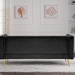 EMKK Small Velvet 2-Seater Couch with Pillows, Loveseat Accent Sofa, Living Room Sofá with Tufted Backrest, Black