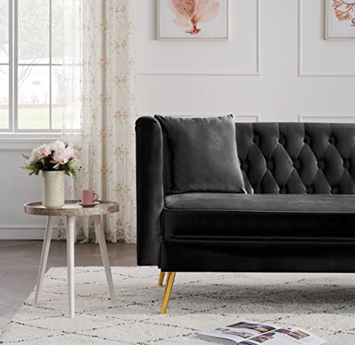 EMKK Small Velvet 2-Seater Couch with Pillows, Loveseat Accent Sofa, Living Room Sofá with Tufted Backrest, Black