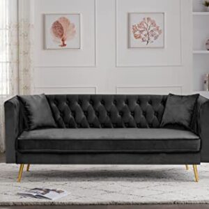 EMKK Small Velvet 2-Seater Couch with Pillows, Loveseat Accent Sofa, Living Room Sofá with Tufted Backrest, Black