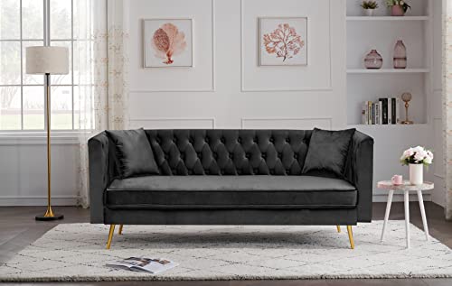 EMKK Small Velvet 2-Seater Couch with Pillows, Loveseat Accent Sofa, Living Room Sofá with Tufted Backrest, Black