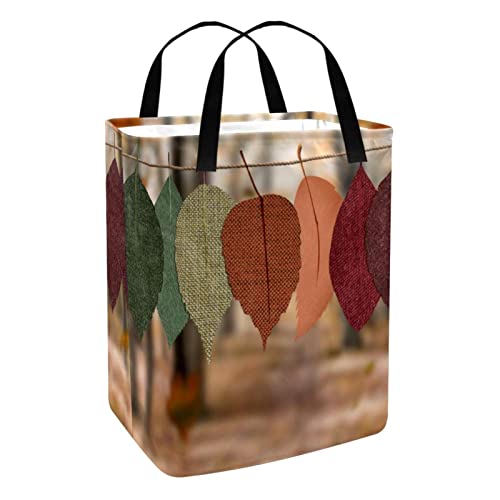 Leaves Hang on Rope Print Collapsible Laundry Hamper, 60L Waterproof Laundry Baskets Washing Bin Clothes Toys Storage for Dorm Bathroom Bedroom