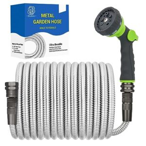bluebala metal garden water hose - 50ft heavy duty stainless steel water hose with 8-mode spray nozzle, 3/4" fittings, reinforced connector, leak proof, puncture resistant, no kink, lightweight hose