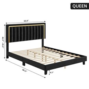 Senfot Queen Size Platform Bed Frame, Velvet Upholstered Bed with Headboard and Noise Free Design, Strong Wood Slats Support No Box Spring Needed for Bedroom in Black