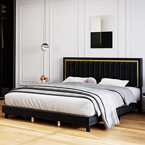 Senfot Queen Size Platform Bed Frame, Velvet Upholstered Bed with Headboard and Noise Free Design, Strong Wood Slats Support No Box Spring Needed for Bedroom in Black