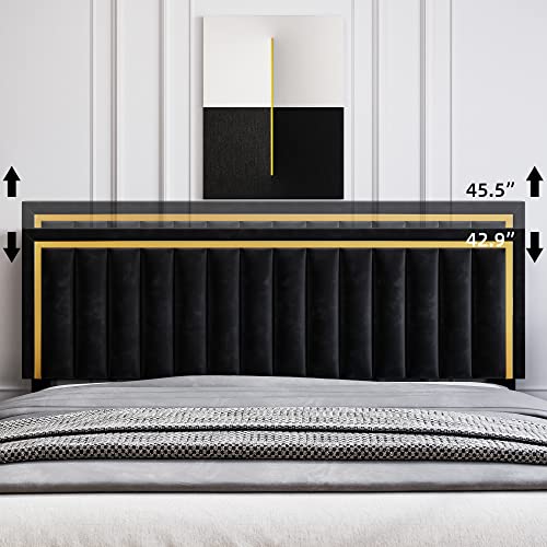 Senfot Queen Size Platform Bed Frame, Velvet Upholstered Bed with Headboard and Noise Free Design, Strong Wood Slats Support No Box Spring Needed for Bedroom in Black