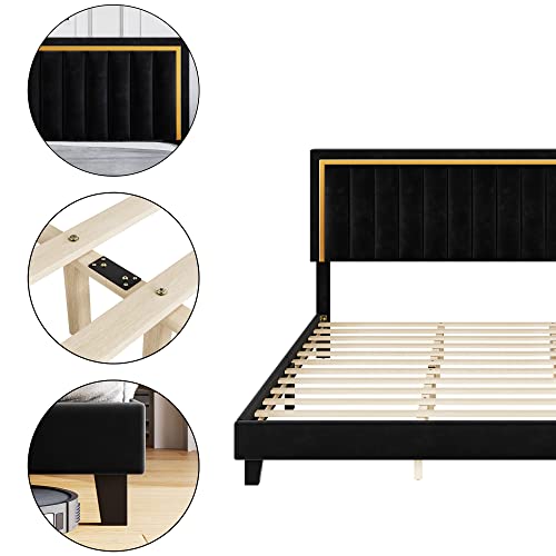 Senfot Queen Size Platform Bed Frame, Velvet Upholstered Bed with Headboard and Noise Free Design, Strong Wood Slats Support No Box Spring Needed for Bedroom in Black