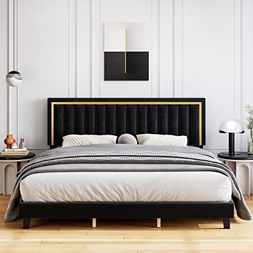 Senfot Queen Size Platform Bed Frame, Velvet Upholstered Bed with Headboard and Noise Free Design, Strong Wood Slats Support No Box Spring Needed for Bedroom in Black