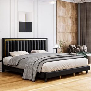 Senfot Queen Size Platform Bed Frame, Velvet Upholstered Bed with Headboard and Noise Free Design, Strong Wood Slats Support No Box Spring Needed for Bedroom in Black