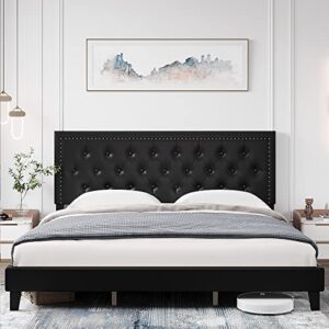 homhougo full size bed frame with adjustable headboard, upholstered platform bed with button tufted faux leather headboard, wood slat support, noise-free, no box spring needed, easy assembly, black