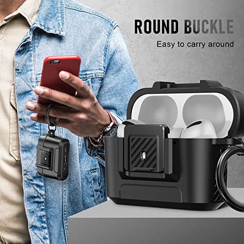 Youtec Compatible with Airpods Pro 2 Case Cover with Cleaner Kit, Military Hard Shockproof Airpods Case Cover Protective Case with Automatic Secure Lock & Keychain（10 in 1） (Black-1)