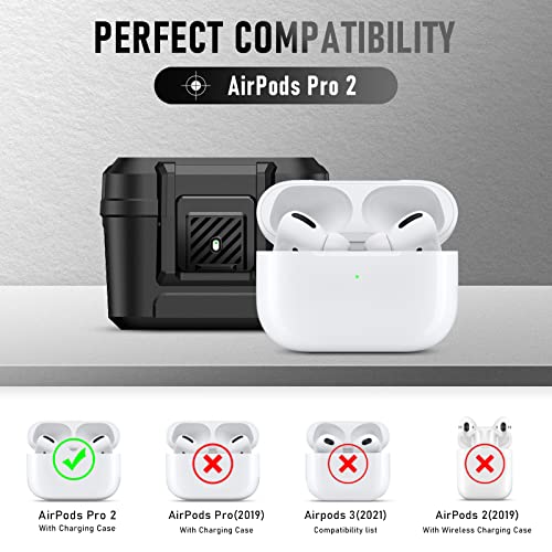 Youtec Compatible with Airpods Pro 2 Case Cover with Cleaner Kit, Military Hard Shockproof Airpods Case Cover Protective Case with Automatic Secure Lock & Keychain（10 in 1） (Black-1)
