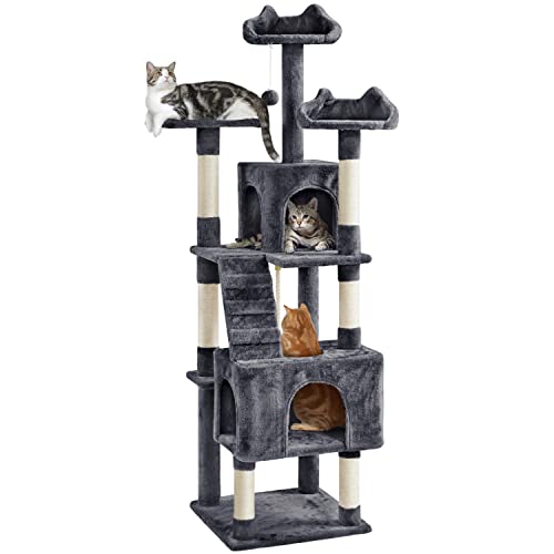 Yaheetech XL Cat Tree, 72in Multi-Level Cat Tower w/ 2 Cozy Caves, 3 Soft Perches, Scratching Posts, Board, and Dangling Ball, Cat Furniture Cat Play House Kittens, Dark Gray