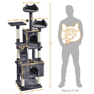 Yaheetech XL Cat Tree, 72in Multi-Level Cat Tower w/ 2 Cozy Caves, 3 Soft Perches, Scratching Posts, Board, and Dangling Ball, Cat Furniture Cat Play House Kittens, Dark Gray