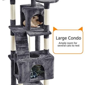 Yaheetech XL Cat Tree, 72in Multi-Level Cat Tower w/ 2 Cozy Caves, 3 Soft Perches, Scratching Posts, Board, and Dangling Ball, Cat Furniture Cat Play House Kittens, Dark Gray