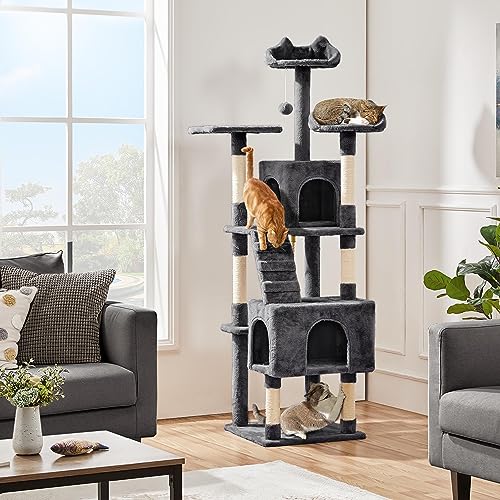 Yaheetech XL Cat Tree, 72in Multi-Level Cat Tower w/ 2 Cozy Caves, 3 Soft Perches, Scratching Posts, Board, and Dangling Ball, Cat Furniture Cat Play House Kittens, Dark Gray