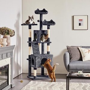 Yaheetech XL Cat Tree, 72in Multi-Level Cat Tower w/ 2 Cozy Caves, 3 Soft Perches, Scratching Posts, Board, and Dangling Ball, Cat Furniture Cat Play House Kittens, Dark Gray