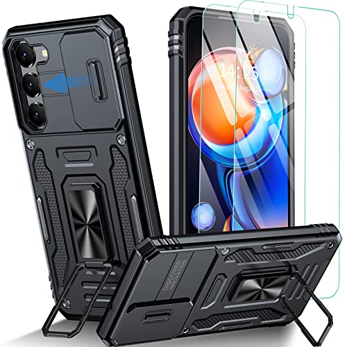 Oterkin for S23 Plus Case,Samsung Galaxy S23 Plus Case with[360° Adjustable Kickstand][2 x 9H Tempered Screen Protector] Heavy Duty Sturdy Shockproof Protective Case for Galaxy S23+ Plus-Black