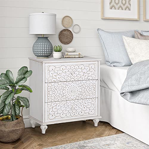 MAISON ARTS Dresser for Bedroom with 3 Drawers, Retro White Chest of Drawers Solid Wood Frame Farmhouse Accent Storage Cabinet for Bedroom Living Room Hallway Entryway Closet