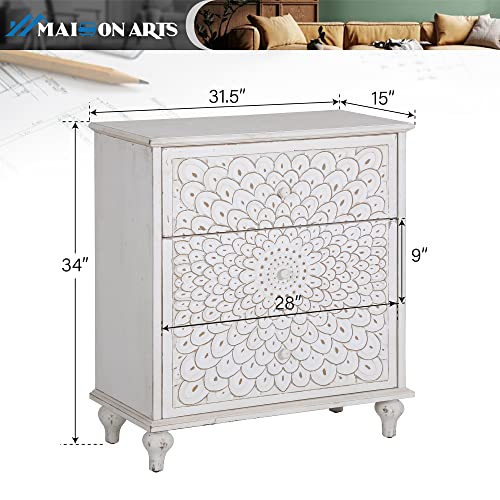 MAISON ARTS Dresser for Bedroom with 3 Drawers, Retro White Chest of Drawers Solid Wood Frame Farmhouse Accent Storage Cabinet for Bedroom Living Room Hallway Entryway Closet
