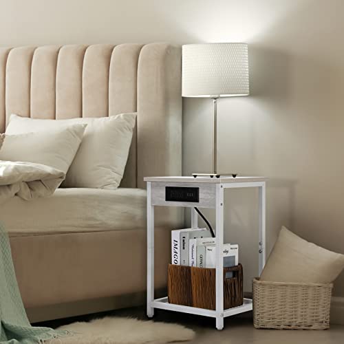 melos Nightstands with Charging Station, 2 Tier Bedside Table with USB Ports and Outlets, Narrow End Table with Storage Shelf, Side Tables for Bedroom, Living Room, Light Maple White