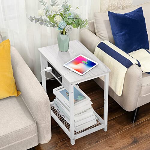 melos Nightstands with Charging Station, 2 Tier Bedside Table with USB Ports and Outlets, Narrow End Table with Storage Shelf, Side Tables for Bedroom, Living Room, Light Maple White