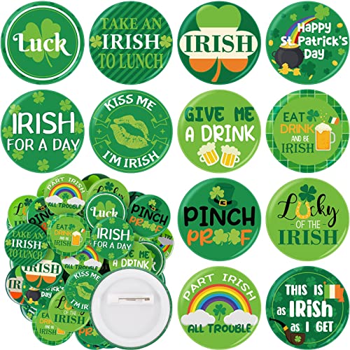 48 Pcs St. Patrick's Day Buttons Set Shamrock Irish Pin Badges Luck Happy St. Patrick's Party Buttons Irish Green Button Pins for Kids Adults St. Patrick's Day Decorations Leprechaun Party Favors