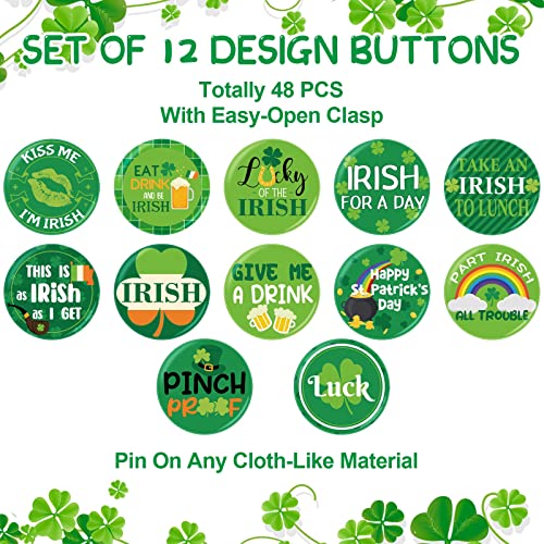 48 Pcs St. Patrick's Day Buttons Set Shamrock Irish Pin Badges Luck Happy St. Patrick's Party Buttons Irish Green Button Pins for Kids Adults St. Patrick's Day Decorations Leprechaun Party Favors