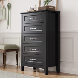 linsy home black dresser, black chest of drawers for bedroom, 5 drawer dresser with metal handles, tall dresser for nursery, entryway, and closet storage