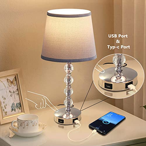 Unfusne Crystal Lamp with USB Port Set of 2 - Nightstand Lamp with Fabric Shade, Small Lamp Set of 2 for Living Room, Dorm, Home,Office