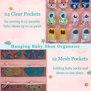 HUHYNN Baby Shoe Organizer for 12 Pairs of Boys Girls Baby Shoes, Double Sided Baby Shoe Organizer with Multiple Pockets(No Accessories Included) (Pink)