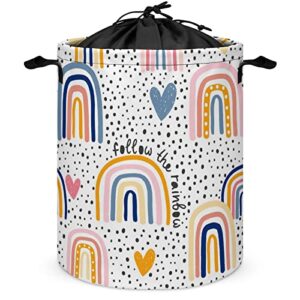 laundry hamper hand drawn rainbow hearts fabric storage basket round collapsible colorful neon dot laundry baskets with drawstring closure for bedroom living room bathroom