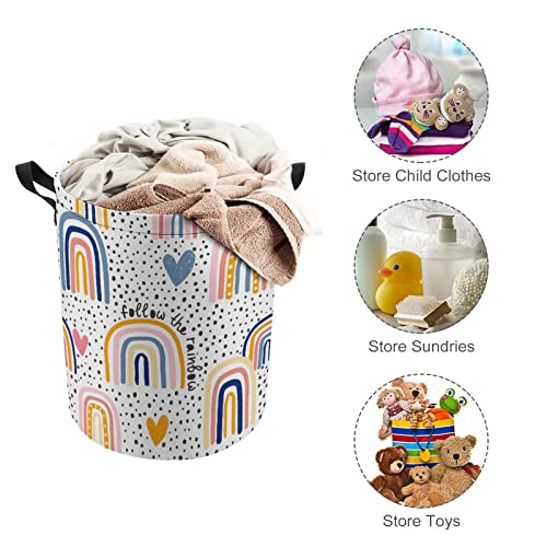 Laundry Hamper Hand Drawn Rainbow Hearts Fabric Storage Basket Round Collapsible Colorful Neon Dot Laundry Baskets with Drawstring Closure for Bedroom Living Room Bathroom