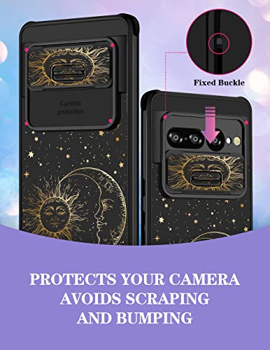 Goocrux for Google Pixel 7 Pro Case Sun and Moon Stars for Girls Women Cute Space Girly Phone Cover Fashion Gold Print Unique Design with Slide Camera Cover Aesthetic Cases for Pixel 7 Pro 5G 6.7 inch