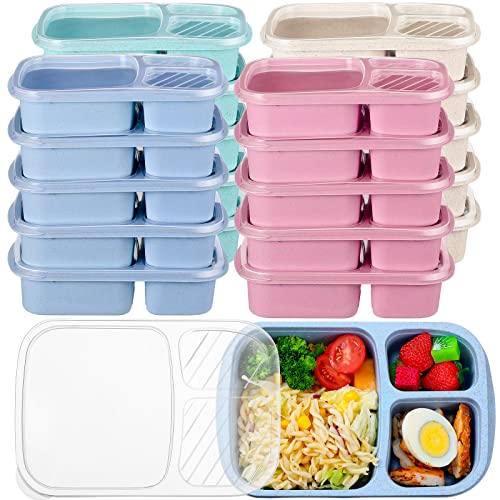 20 Pieces Bento Lunch Box for Kids, 3 Compartment Lunch Box Containers, Kids Meal Prep Containers Reusable Wheat Straw Lunch Containers Food Storage Bento Box for Schools and Travel (Multicolored)