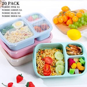 20 Pieces Bento Lunch Box for Kids, 3 Compartment Lunch Box Containers, Kids Meal Prep Containers Reusable Wheat Straw Lunch Containers Food Storage Bento Box for Schools and Travel (Multicolored)