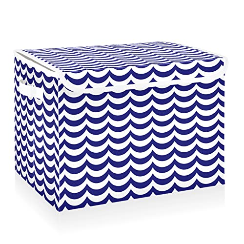 CaTaKu Retro Blue Waves Storage Bins with Lids and Handles, Fabric Large Storage Container Cube Basket with Lid Decorative Storage Boxes for Organizing Clothes