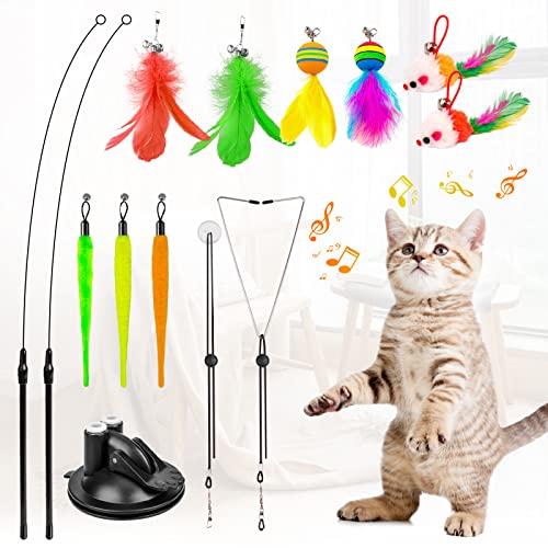 HOSFROLL Cat Toys Wand, Interactive Cat Toy with Super Suction Cup Sticky Detachable 12 PCS Feather Replacements 2 Wands Cat Spring Feather Toys for Indoor Cats Kitten Toys (9 Toys Double Headed)