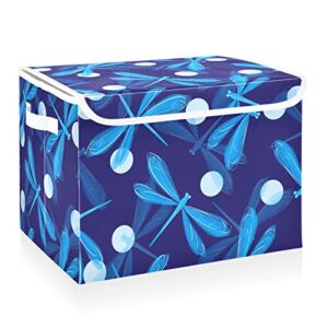 cataku cute blue dragonfly storage bins with lids and handles, fabric large storage container cube basket with lid decorative storage boxes for organizing clothes