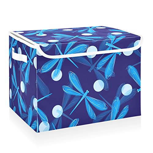 CaTaKu Cute Blue Dragonfly Storage Bins with Lids and Handles, Fabric Large Storage Container Cube Basket with Lid Decorative Storage Boxes for Organizing Clothes